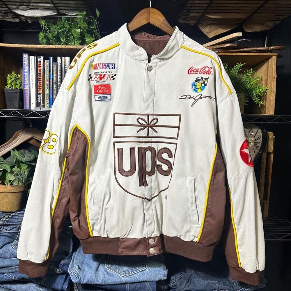 Vintage 90s NASCAR UPS Dale Jarrett Jacket White and Brown Leather Reversible